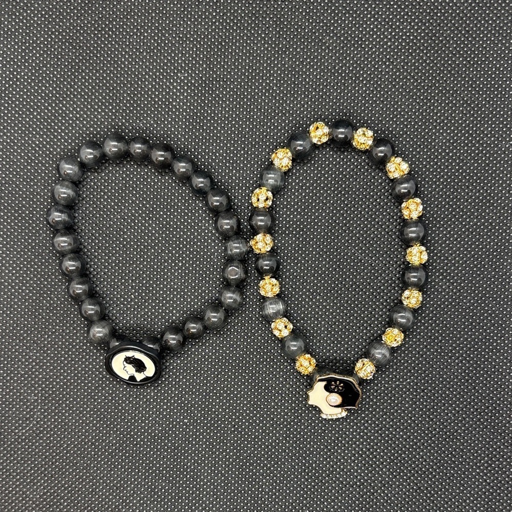 2 Black Onyx and Gold Beaded Bracelets Set